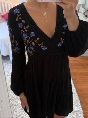 Blue Rain Black V-Neck Embroidered Floral Mini Dress